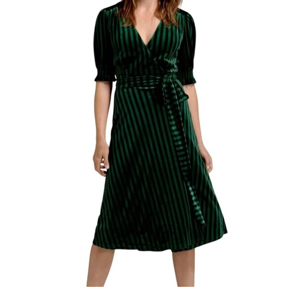 Modcloth NWT A Victorian Drama Green Striped Velvet Wrap Midi Dress Size XL - Picture 1 of 12
